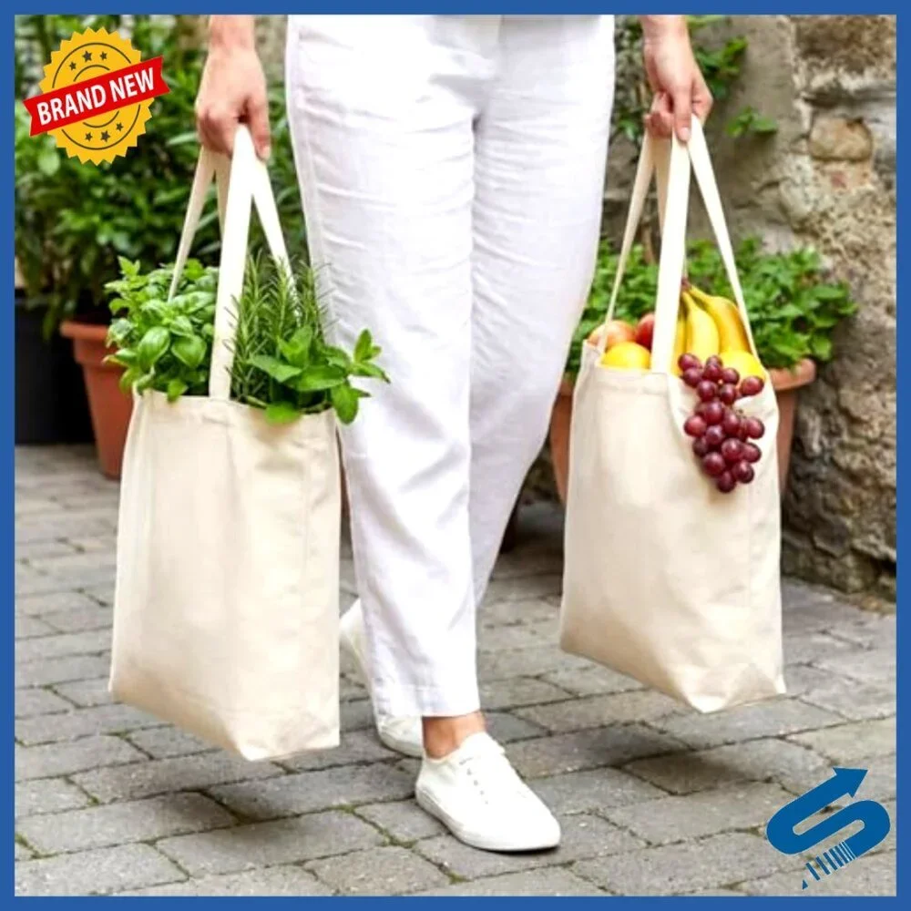 Heavy Duty Canvas Tote Bags Set Reusable Foldable Washable Grocery Storage